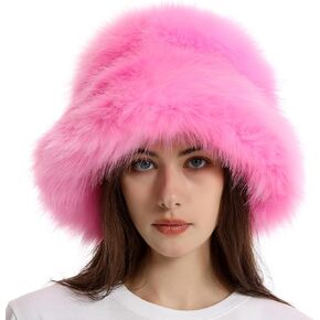 Reyox Women Winter Fuzzy Bucket Hat Warm Solid Color Faux Fur Fisherman Cap