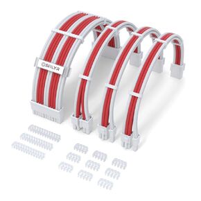 Sirlyr PSU Cable Extension,Customed Pre-Bend PC Power Supply Cable,1x 24 Pin ATX / 1x 8 (4+4) Pin EPS/Longer 2X 8 (6+2) Gold-Plated Pin Pcie,Nylon Sleeved Red White,4 Kits