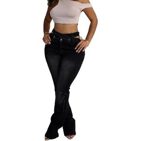 Vaceky High Waisted Cargo Jeans Women Cutout Criss Cross Waist Stretchy Denim Pants