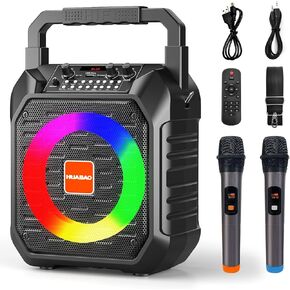 Karaoke Machine with 2 Wireless Microphones, Portable Microphone Speaker for Adults and Kids, PA System with LED Lights, Supports USB/AUX/FM/TF Card, for Party/Meeting