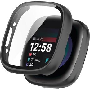 MOTONG PC Full Coverage Protective Watch Case Cover Tempered Glass Screen Protector Compatible with Fitbit Versa 4 / Sense 2(PC Black)