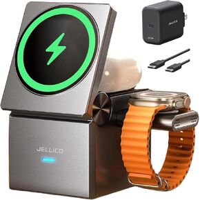 JELLICO for iPhone 16 Pro Max 3 in 1 MagSafe Charger Stand with 20W Fast Charging for Apple, Portable Travel Charger for iPhone 16,15,14,13 Series, Apple Watch S1-9/Ultra, AirPods & Pros with Adapter