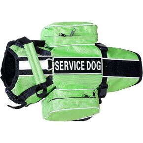 Service Dog Harness, Saddle Bag Backpack Carrier Outdoor Travel Hiking Camping Harness, Removable Saddle Bags and Patches (Green, M Girth 20-24")