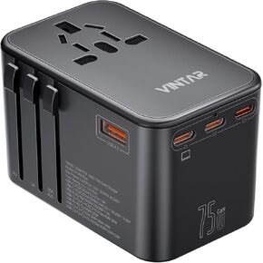 Universal Travel Adapter, VINTAR 100W GaN International Power Adapter with 3 USB C PD and 1 USB A QC, All in One Plug Adapter, Travel Adapter Worldwide for EU/UK/USA/AUS(Type C/G/A/I)