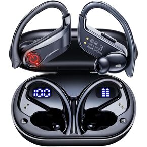 EUQQ Wireless Earbuds Bluetooth Headphones Sports Over-Ear Bluetooth 5.3 Ear Buds with Earhooks 120H Playtime Wireless Headphones for Workout Waterproof Bluetooth LED Power Display, Black