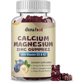 Calcium Magnesium Zinc Gummies with Vitamin D3 & K2, Chewable Calcium Magnesium Zinc Supplement for Women & Men, Bone & Nerve Health, Muscle Function, Blueberry Flavor, 120 Count