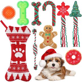 10 Pcs Christmas Dog Toys Gifts Dog Christmas Stocking with Rope Toys and Ball Squeaker Toys Squeaky Plush Toys Chew Toys for Teething Dog Gifts Xmas Gifts for Puppy Small Medium Dog