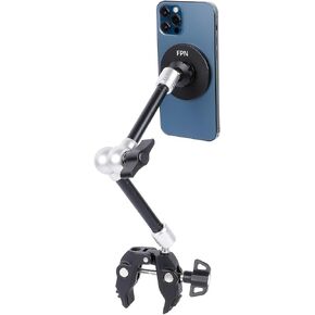 All-Metal Phone Holder with Super Clamp&10″ Long Magic Arm for Magsafe, 360°Adjustable Phone Mount for Mic Music Stand/Spin Bike/Golf Cart/Handlebar, Compatible with iPhone 16 15 14 13 12 Series