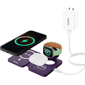 Miady 3 in 1 Charging Station for Apple Magsafe, 18W Magnetic Wireless Charger, Foldable Travel Charger for iPhone 15/14/13/12 Pro Max, for Apple Watch Ultra/8/7/6/5/4/3/2/SE, for Airpods 3/2 Pro