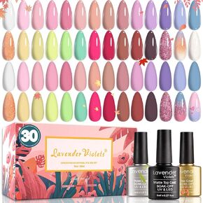 Lavender Violets 42 Pcs Gel Nail Polish Set with 36 Gel polish Colors Coat, 6 Bottles of Base top Coat, Glossy Matte Diamond Shine Glow in the Dark Top Coat for Nail Art C950