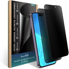 SenseAGE 2 Pack Privacy Screen Protector for iPhone 15 Pro [6.1 Inch], Anti Spy Private Aluminosilicate Glass, Anti-Scratch, Full Screen HD, Easy Installation, Bubble Free, Case Friendly, Black(2Pack)