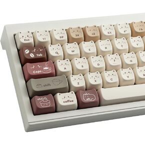 PBT Keycaps 142 Keys Cute Keycaps Dye-Sublimation Coffee Cat Keycaps Mao Profile Custom Keycaps for Cherry Gateron MX Swithes Mechanical Gaming Keyboards