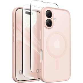 Magnetic Compatible with iPhone 16 Case, Upgraded [Full Camera Protection] [Compatible with MagSafe] Protective Translucent Matte Women Girl Phone Case Cover, Peach Pink