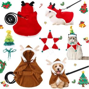 3 Pieces Cat Christmas Outfit with Leash Elk Bunny Clothes for Rabbits Adjustable Christmas Pet Costume Cape Animals Christmas Costume Hand Knitted Dog Christmas Bandana