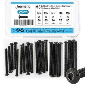 M6 x 10mm 14mm 18mm 20mm 25mm Hex Socket Head Cap Screws Bolts, 12.9 Grade Alloy Steel, Black Oxide Finish, Metric Allen Hex Drive, Fully Threaded, Assortment Kit 50Pcs