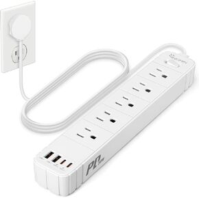 Power Strip Surge Protector, 20W PD, 1250W/10A, 4.9Ft/1.5m Flat Plug Mountable with 5 Widely Outlet + 4 USB Port (2 USB A + 2 USB C), Compact Fast Charging for Home, Office, Dorm