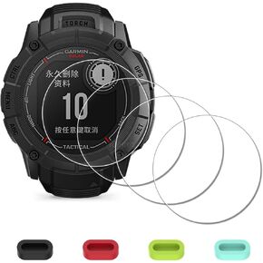 [4 Pack] Screen Protector for Garmin Instinct 2X Solar Watch + Silicone Anti-dust Plugs Tempered Glass Anti-Scratch Bubble-Free