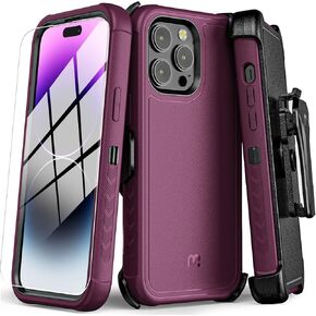 M MYBAT PRO Shockproof Maverick Series Case for iPhone 14 Pro Max Case with Belt Clip Holster and Tempered Glass, 6.7 inch, Heavy Duty Military Grade Drop Protective, with 360° Rotating Kickstand-Plum
