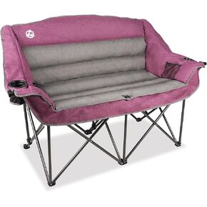 Oversized Double Camping Chair, Fully Padded Loveseat, Folding Duo Chair with Cup & Wine Glass Holders, Pocket, Armrests & Carry Bag, Supports up to 600lbs, Purple