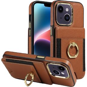 S. Dawezo Compatible with iPhone 14 Wallet Case with Card Holder,360° Rotation Ring Holder Stand Case with Card Slot,RFID Blocking Drop Protection with Magnetic Snap Case for iPhone 14-Beige