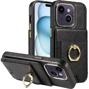 S. Dawezo Compatible with iPhone 14 Wallet Case with Card Holder,360° Rotation Ring Holder Stand Case with Card Slot,RFID Blocking Drop Protection with Magnetic Snap Case for iPhone 14-Beige