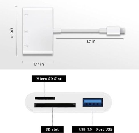 قارئ بطاقات SD 3 في 1 أبيض USB c، وبطاقة USB C إلى SD لأجهزة iPhone 15/iPad/Mac/الكمبيوتر المحمول، وUSB-C/Type C iPad Pro Air Mini، وMicroSD/SD، ومحول بطاقة الذاكرة لأجهزة iMac وGalaxy وMacBook برو اير in Kuwait