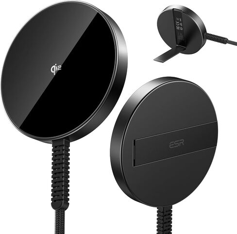شاحن لاسلكي ESR HaloLock Qi2، شاحن iPhone 15W Qi2 Magsafe، لوحة شحن لاسلكية لسلسلة iPhone 16/15/14/13/12، AirPods 4/3/Pro/Pro 2، لوحة شحن مغناطيسية قوية مع كابل من النوع C، أسود in Kuwait