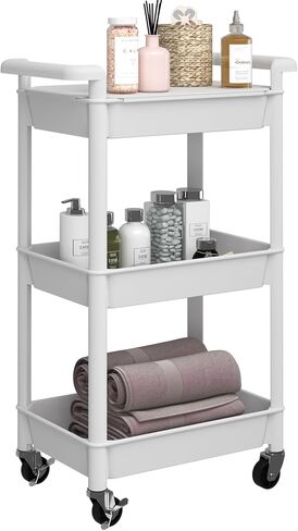 3-Tier Utility Rolling Cart with Cover Top Board, Mobile Utility Cart with Lockable Casters Multi-Functional Storage Trolley for Office, Bathroom, Kitchen, Garden, Laundry Room in Saudi Arabia