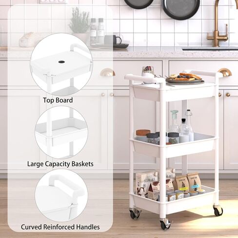 3-Tier Utility Rolling Cart with Cover Top Board, Mobile Utility Cart with Lockable Casters Multi-Functional Storage Trolley for Office, Bathroom, Kitchen, Garden, Laundry Room in Saudi Arabia