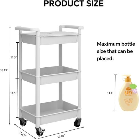 3-Tier Utility Rolling Cart with Cover Top Board, Mobile Utility Cart with Lockable Casters Multi-Functional Storage Trolley for Office, Bathroom, Kitchen, Garden, Laundry Room in Saudi Arabia