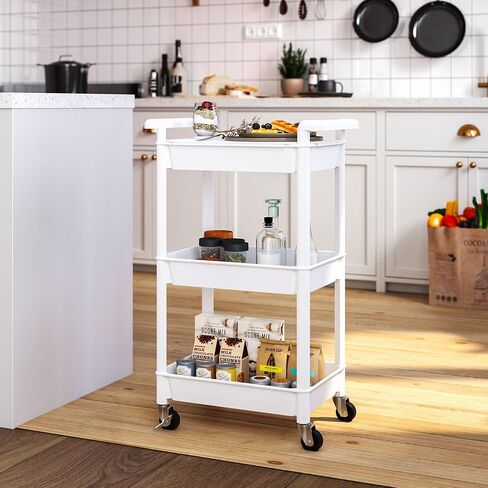 3-Tier Utility Rolling Cart with Cover Top Board, Mobile Utility Cart with Lockable Casters Multi-Functional Storage Trolley for Office, Bathroom, Kitchen, Garden, Laundry Room in Saudi Arabia
