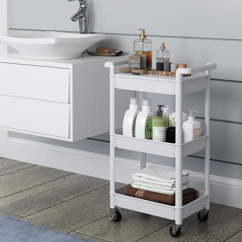 3-Tier Utility Rolling Cart with Cover Top Board, Mobile Utility Cart with Lockable Casters Multi-Functional Storage Trolley for Office, Bathroom, Kitchen, Garden, Laundry Room in Saudi Arabia