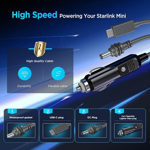 3 in 1 Starlink Mini Cable 10FT/ 3M, High-Speed USB C/Car Charger/DC to DC Replacement Cable for Starlink Mini Power, Waterproof Extension Starlink Mini Power Cable Accessories in Kuwait