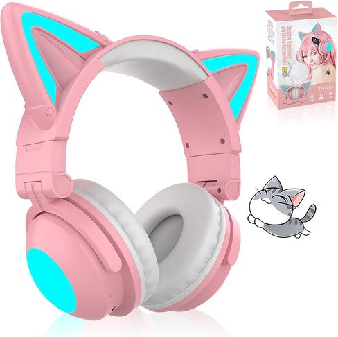 Cat Ear Bluetooth Headphones,Over Wired Ear Headphones with Built-in Mic,Foldable LED Wireless Headset,Cute Headphones for Kids, On-Ear Wireless Headphone Compatible with Phone/PC/Tablet/TV(Black) in Saudi Arabia
