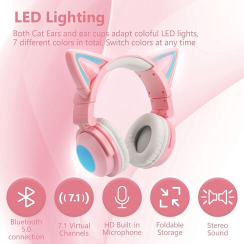 Cat Ear Bluetooth Headphones,Over Wired Ear Headphones with Built-in Mic,Foldable LED Wireless Headset,Cute Headphones for Kids, On-Ear Wireless Headphone Compatible with Phone/PC/Tablet/TV(Black) in Saudi Arabia