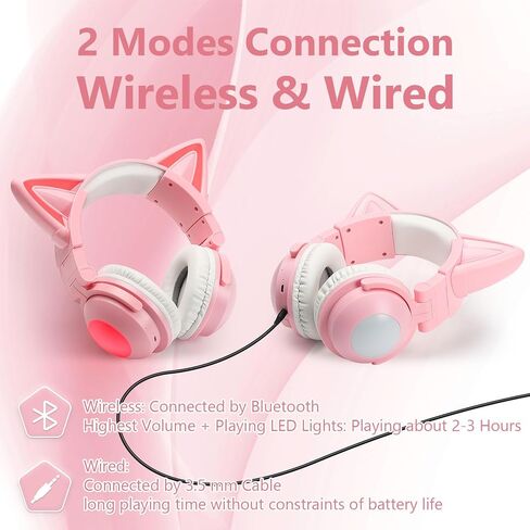 Cat Ear Bluetooth Headphones,Over Wired Ear Headphones with Built-in Mic,Foldable LED Wireless Headset,Cute Headphones for Kids, On-Ear Wireless Headphone Compatible with Phone/PC/Tablet/TV(Black) in Saudi Arabia