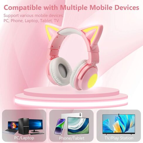 Cat Ear Bluetooth Headphones,Over Wired Ear Headphones with Built-in Mic,Foldable LED Wireless Headset,Cute Headphones for Kids, On-Ear Wireless Headphone Compatible with Phone/PC/Tablet/TV(Black) in Saudi Arabia
