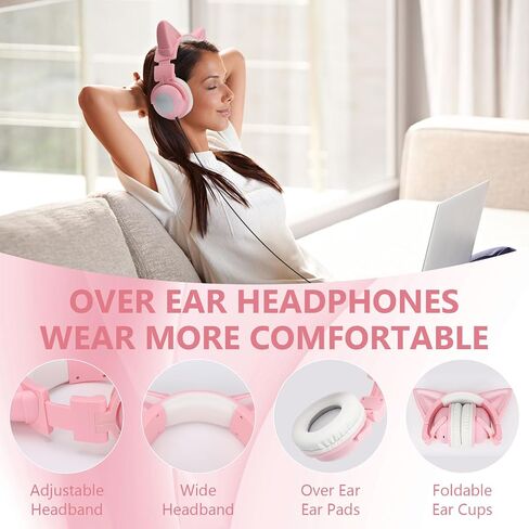 Cat Ear Bluetooth Headphones,Over Wired Ear Headphones with Built-in Mic,Foldable LED Wireless Headset,Cute Headphones for Kids, On-Ear Wireless Headphone Compatible with Phone/PC/Tablet/TV(Black) in Saudi Arabia