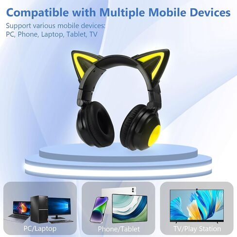 Cat Ear Bluetooth Headphones,Over Wired Ear Headphones with Built-in Mic,Foldable LED Wireless Headset,Cute Headphones for Kids, On-Ear Wireless Headphone Compatible with Phone/PC/Tablet/TV(Black) in Saudi Arabia