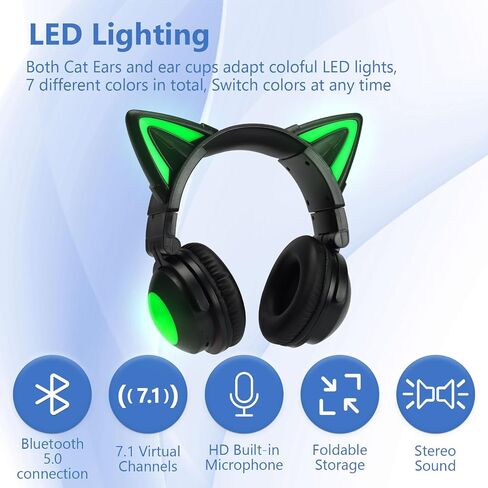 Cat Ear Bluetooth Headphones,Over Wired Ear Headphones with Built-in Mic,Foldable LED Wireless Headset,Cute Headphones for Kids, On-Ear Wireless Headphone Compatible with Phone/PC/Tablet/TV(Black) in Saudi Arabia