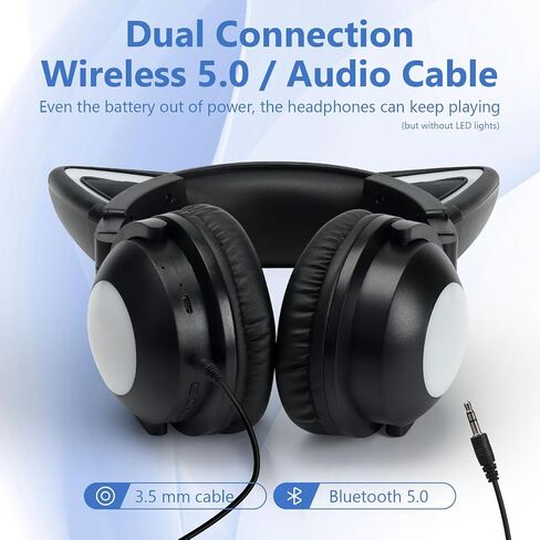 Cat Ear Bluetooth Headphones,Over Wired Ear Headphones with Built-in Mic,Foldable LED Wireless Headset,Cute Headphones for Kids, On-Ear Wireless Headphone Compatible with Phone/PC/Tablet/TV(Black) in Saudi Arabia
