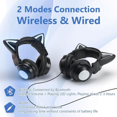 Cat Ear Bluetooth Headphones,Over Wired Ear Headphones with Built-in Mic,Foldable LED Wireless Headset,Cute Headphones for Kids, On-Ear Wireless Headphone Compatible with Phone/PC/Tablet/TV(Black) in Saudi Arabia