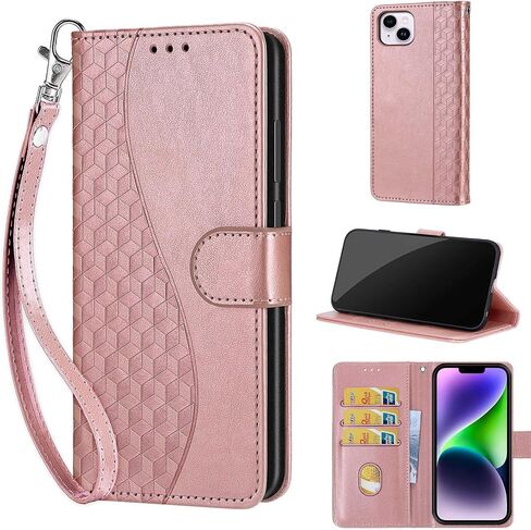 Designed for iPhone 14 Plus Case Wallet,Women Flip Folio Cover with Embossed PU Leather Stand Credit Card Holders Slots Wrist Strap Phone Case for iPhone 14 Plus 6.7 Inch (Rose Gold) in Kuwait