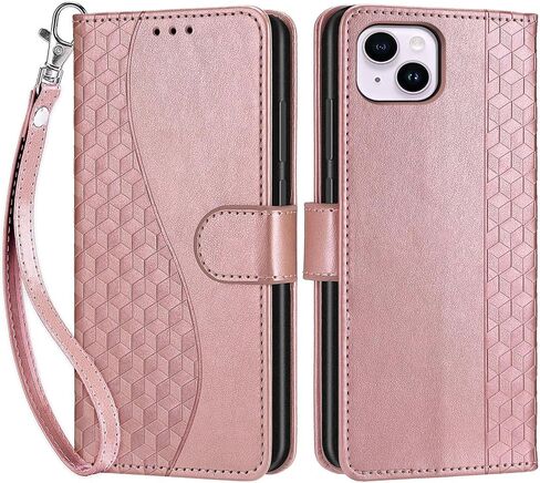 Designed for iPhone 14 Plus Case Wallet,Women Flip Folio Cover with Embossed PU Leather Stand Credit Card Holders Slots Wrist Strap Phone Case for iPhone 14 Plus 6.7 Inch (Rose Gold) in Kuwait
