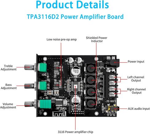 100W+100W Amplifier Board with Treble and Bass Control, 2.0 Channel Stereo Bluetooth 5.0 HiFi Audio Power Amplifier Board, TPA3116D2 DC 9-24V, BT and AUX Inputs for DIY Wireless Speakers (ZK-1002T) in Saudi Arabia