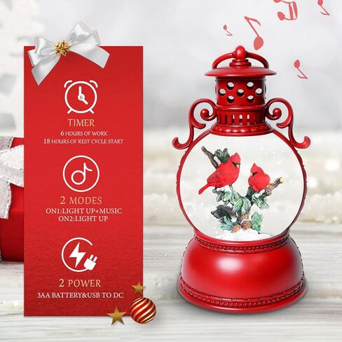 Christmas Snow Globes, Cardinal Christmas Snow Lantern with 8 Songs, 6H Timer Battery & USB Powered Glitter Music Box for Christmas Table Decorations Home Decor in Saudi Arabia