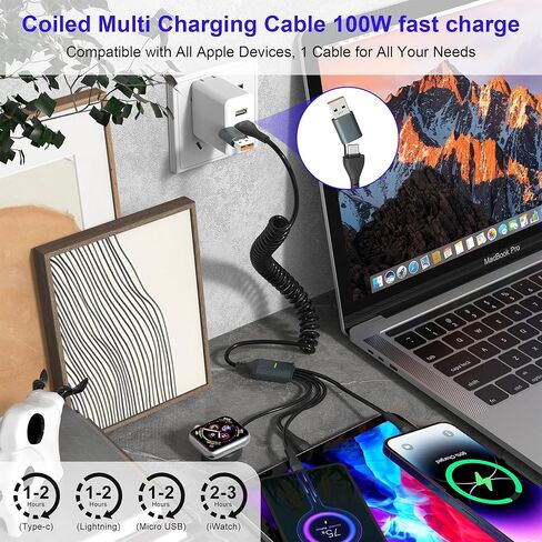 كابل شحن متعدد ملفوف 4 في 2 USB C لساعة Apple - كابل USB A/C متعدد 100 واط لساعة Apple ملفوف مع شاحن سفر Lightning/USB-C/Micro USB لسلسلة iWatch/Ultra/SE/iPhone16/15/14/Galaxy in Kuwait