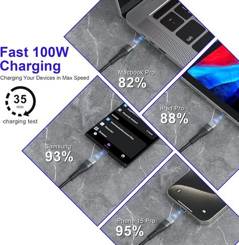 كابل شحن متعدد ملفوف 4 في 2 USB C لساعة Apple - كابل USB A/C متعدد 100 واط لساعة Apple ملفوف مع شاحن سفر Lightning/USB-C/Micro USB لسلسلة iWatch/Ultra/SE/iPhone16/15/14/Galaxy in Kuwait