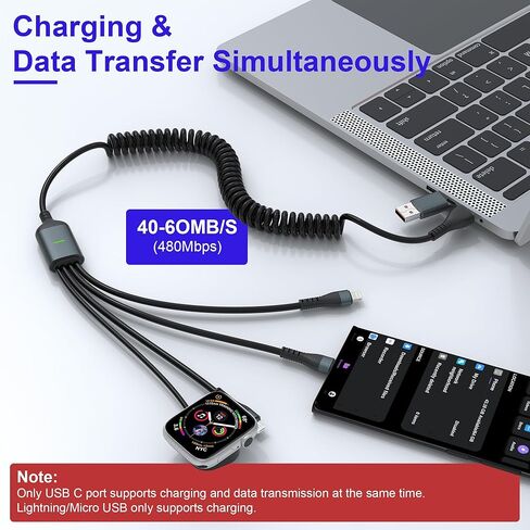 كابل شحن متعدد ملفوف 4 في 2 USB C لساعة Apple - كابل USB A/C متعدد 100 واط لساعة Apple ملفوف مع شاحن سفر Lightning/USB-C/Micro USB لسلسلة iWatch/Ultra/SE/iPhone16/15/14/Galaxy in Kuwait