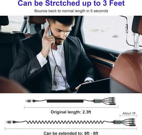 كابل شحن متعدد ملفوف 4 في 2 USB C لساعة Apple - كابل USB A/C متعدد 100 واط لساعة Apple ملفوف مع شاحن سفر Lightning/USB-C/Micro USB لسلسلة iWatch/Ultra/SE/iPhone16/15/14/Galaxy in Kuwait